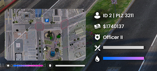HUD mit Minimap, Kontostand und Dienstgrad